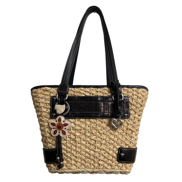 Brighton Handbags - Brighton Cody Woven Straw Tote Bag Black-Leather-Trim Basket Weave Floral-Inside